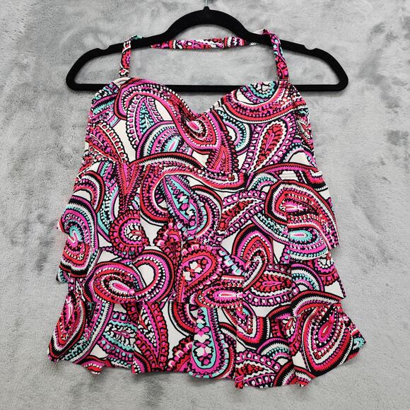 Island Escape Tankini Size 10 Pink Paisley Boho Tiered Ruffled Bandini Swim Top - Picture 1 of 8